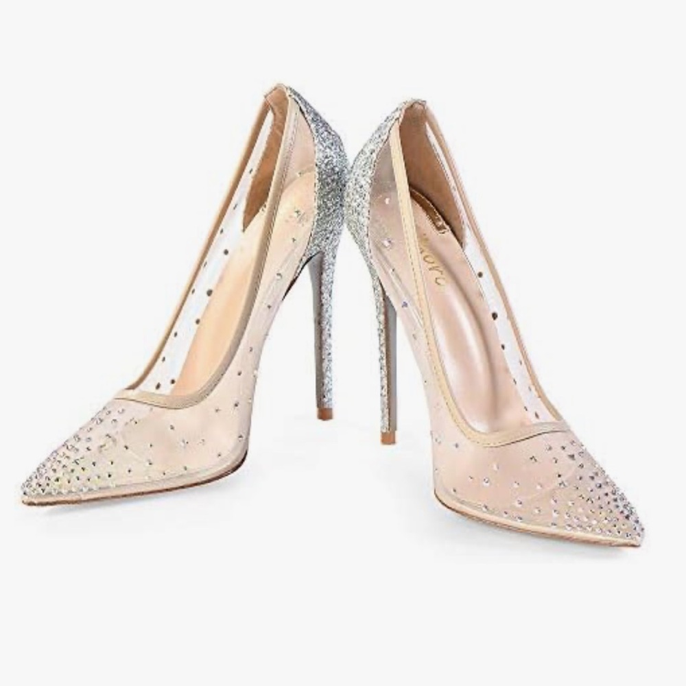 Miluoro Rhinestone Pointed Toe Silver High Heels Women Transparent Heels